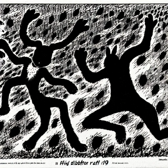 Image similar to a still frame from comic strip, black fluffy leopard dancing with rabbit in a field 1 9 5 0, silhouette, herluf bidstrup, new yorker illustration, monochrome contrast bw, lineart, manga, tadanori yokoo, simplified,