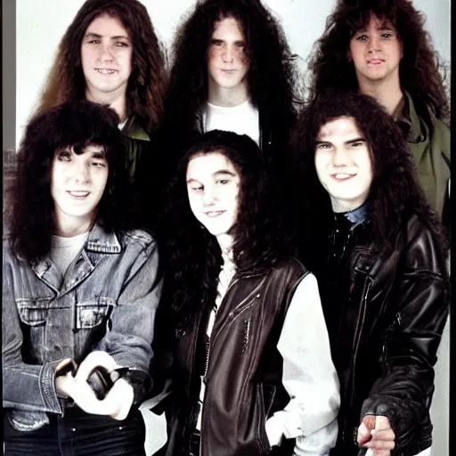 Image similar to Group of 19-year-old boys and girls with long permed wavy brown hair, leather jacket and denim jeans, holding electric guitars, 1987, thrash metal, heavy rock, super 8mm film