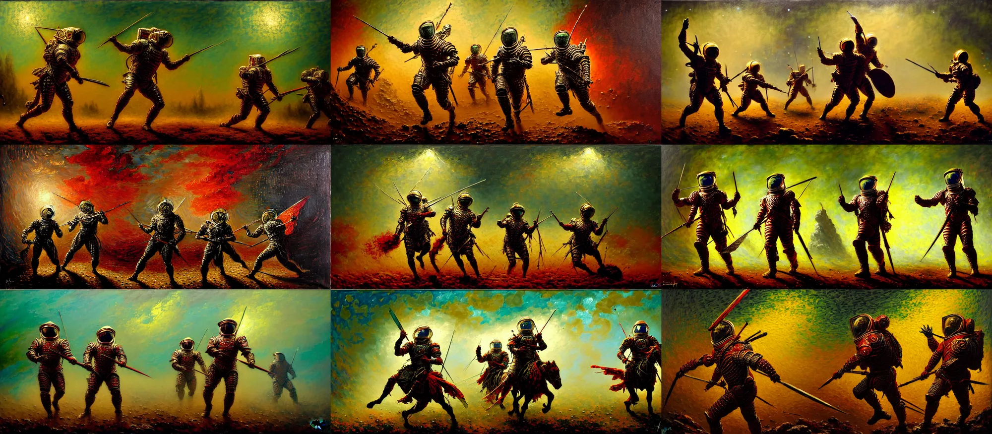 Prompt: battle scene, pikeman - astronauts, fractal armor with girih bargello patterns, luminist, tonalism, dramatic lighting, action, palette knife, frenetic, chiaroscuro, figurative art, detailed, proportions, spatter, dust, atmospheric, volumetric lighting, venetian red, raw sienna, sage green