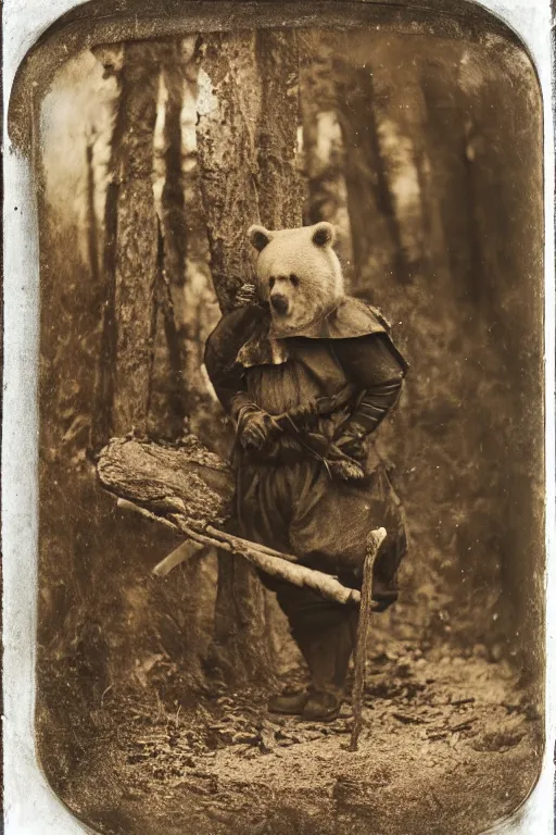 Image similar to a wet plate photo of an anthropomorphic bear dressed as a medieval woodsman