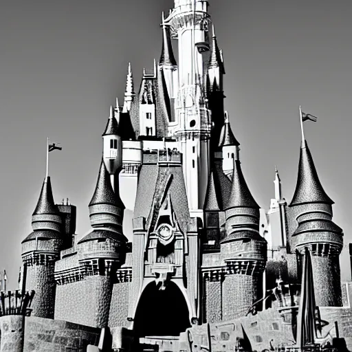 Image similar to the Disney castle made of bones and skulls, black and white