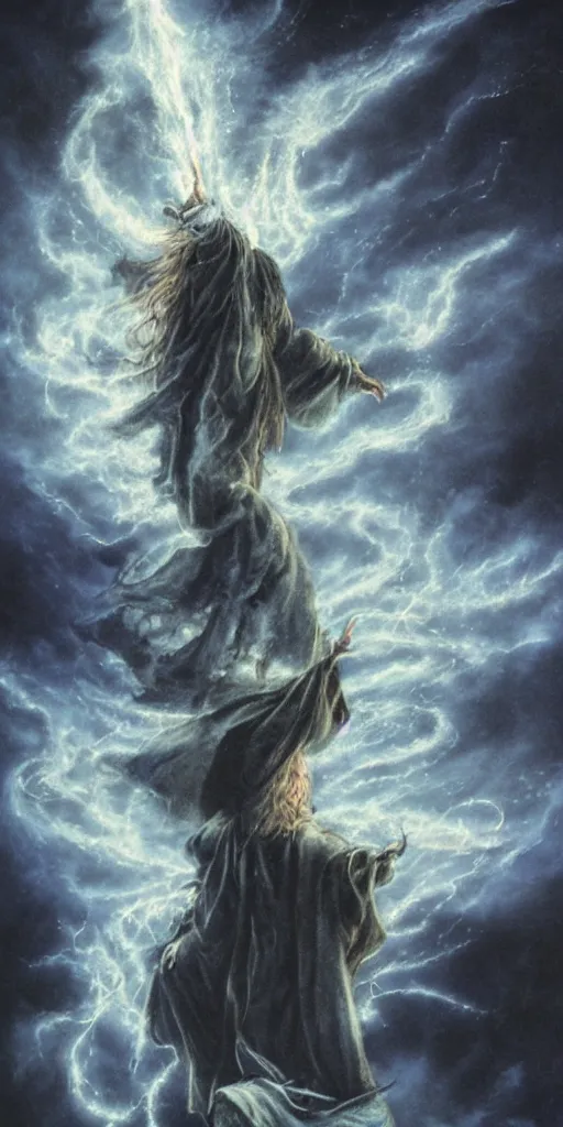 Image similar to a medieval peasant wizard casting a spell of flares and glimpses anamorphic in the night during a stormcloud with dramatic airbrushed clouds over black background by Luis royo and Yoshitaka Amano intricated flares airbrush fantasy 80s, realistic masterpiece