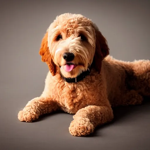 Image similar to a Goldendoodle except their body looks like greasy fried chicken, spot lighting from above, realisitc photo, f/1.4 HDR aperture, UHD studio quality