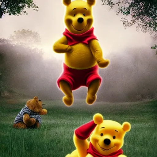 Image similar to winnie the pooh horror movie slasher, scary, creepy, realistic, cinematic