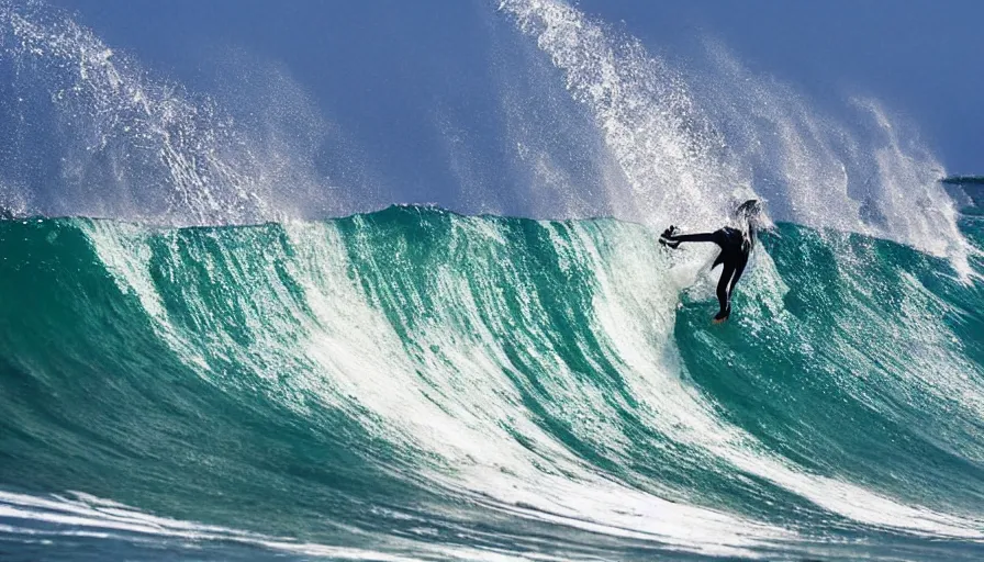 Prompt: a surf photograph surfer with a great white shark tucked into a massive barreling wave in bali, great white 🦈 shark. fast shutter speed, surf photography, dslr,