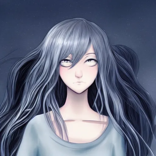 Image similar to young woman with long wavy light silver hair, with blackness instead of eyes, anime