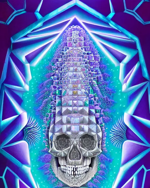 Image similar to detailed realistic geometric painting of a diorama of a mandelbulb white masonic temple inside of a hollow skull carved out of illuminating cyan light in the purple frozen tundra with ruy gems in ice double helix igloo stacked like jenga symmetry by alex grey