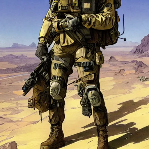 Prompt: Hector. USN special forces recon operator in near future gear, cybernetic enhancement, on patrol in the Australian neutral zone, Barren landscape. 2087. Concept art by James Gurney and Alphonso Mucha