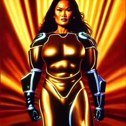 Prompt: tia carrere in cyber metal suit, atmospheric lighting, painted, intricate, golden hour, ultra detailed by alex ross