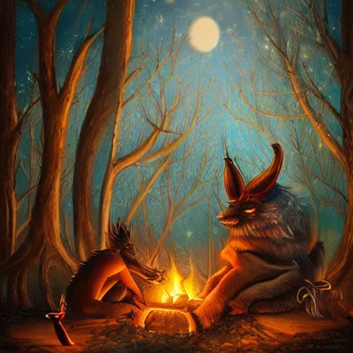 Image similar to strange mythical beasts of sitting around a fire under a full moon, surreal dark uncanny painting by ronny khalil