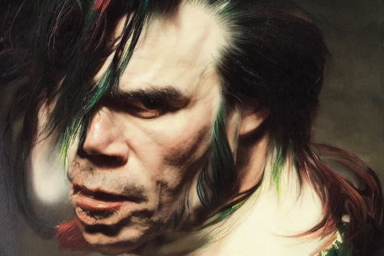 Prompt: a portrait of nick cave with green streaks in his hair, masterpiece, dramatic lighting, stunning painting by caravaggio, ruan jia, jakub rebelka