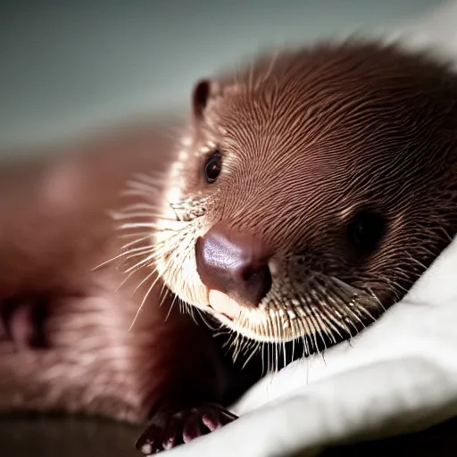 Prompt: an unbelievably cute baby otter laying in bed with a night cap on, high quality photography, 4k