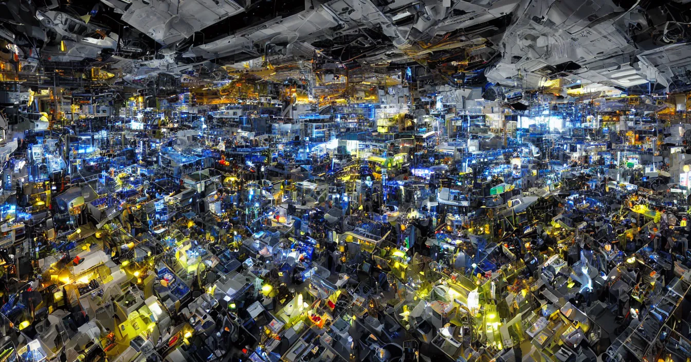 Image similar to Realistic wide photo of a room interior of hardware engineers and scientists from future, full of various electronic hardware components, devices and instruments, incredible sharp details, light contrast, dark atmosphere, bright vivid colours, reflections, metal speculars, journalistic photography