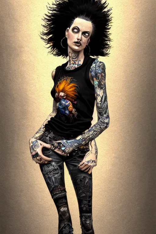 Image similar to fullbody potrait of punk rocker woman in street, woman is wearing t - shirt, hyper realistic, intricate, elegant, highly detailed, digital painting, artstation, concept art, matte, sharp focus art by boris vallejo and greg rutkowski, smooth, sharp focus, illustration