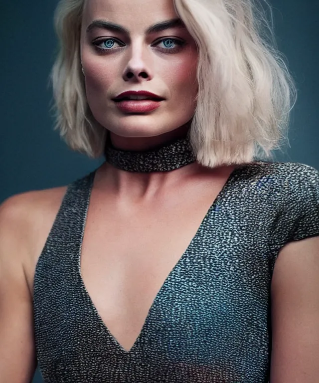 Image similar to a color photograph of margot robbie, by bernd & hilla becher, platinum blond, intense, bold, exaggerated, ultra sharp, extra details, ultra high quality, trending on pinteresst