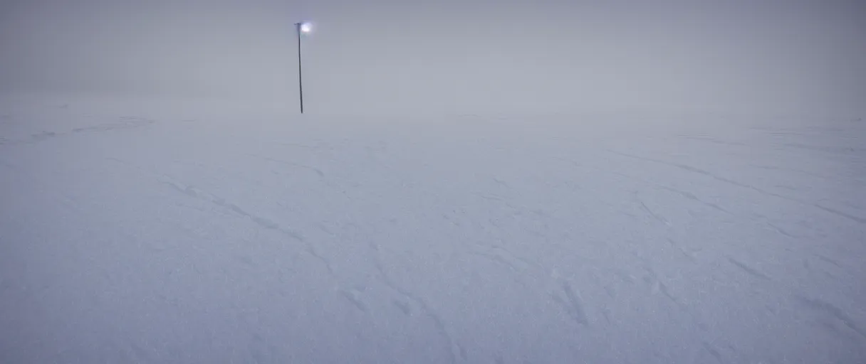 Prompt: a high quality color creepy atmospheric wide shot hd 4 k film 3 5 mm photograph of very heavy blizzard in desolate antarctica with a single trail of footsteps in the snow