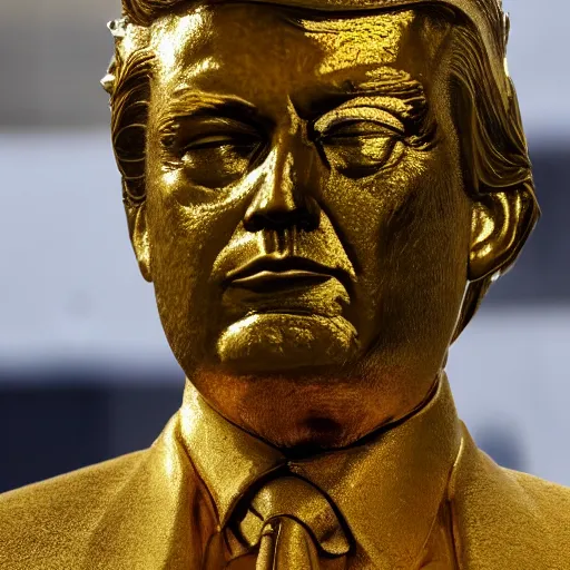 Image similar to donald trump golden statue starting to melt, drips of molten metal ground angle, uhd 8 k, sharp focus