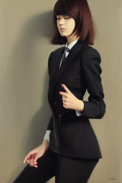 Image similar to a ultradetailed beautiful panting of a stylish woman wearing a black loose fit suit with a tie, oil painting, by ilya kuvshinov, greg rutkowski and makoto shinkai, trending on artstation