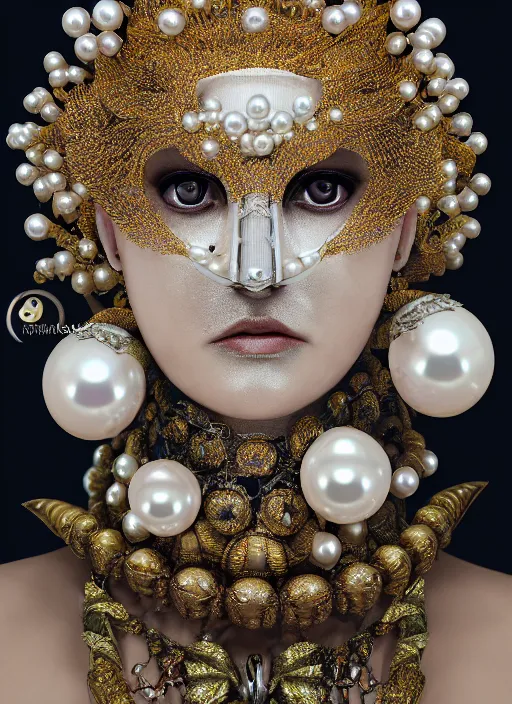 Prompt: hyperrealism, detailed textures, award winning autochrome photo, symetrical japanese pearl medusa queen autochrome pearl portrait, pearl silverplate, intricate, detailed facial pearl animal mask, pearl, golden jewelery, silverplate, ultra realistic, cinematic, intricate, cinematic light by steve mccurry, unreal engine 8 k