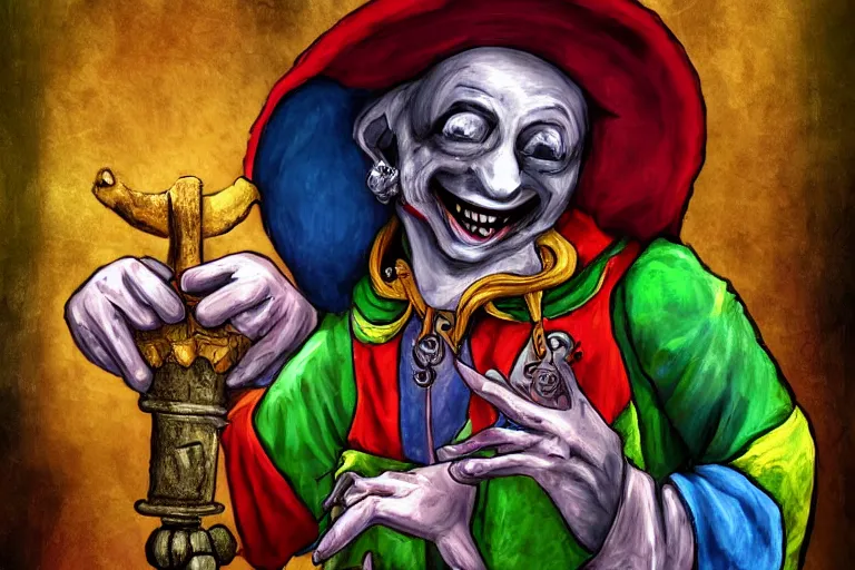 Image similar to medieval jester, colorful, sinister, digital art,