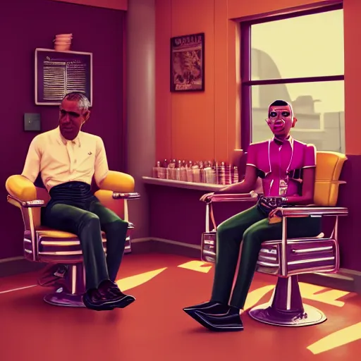 Prompt: illustration of nicki minaj sitting next to barack obama in a 6 0's vintage barbershop. symmetry, cinematic scene. ambient lighting, brownish colors, hyper detailed. octane render. concept art. trending on artstation.