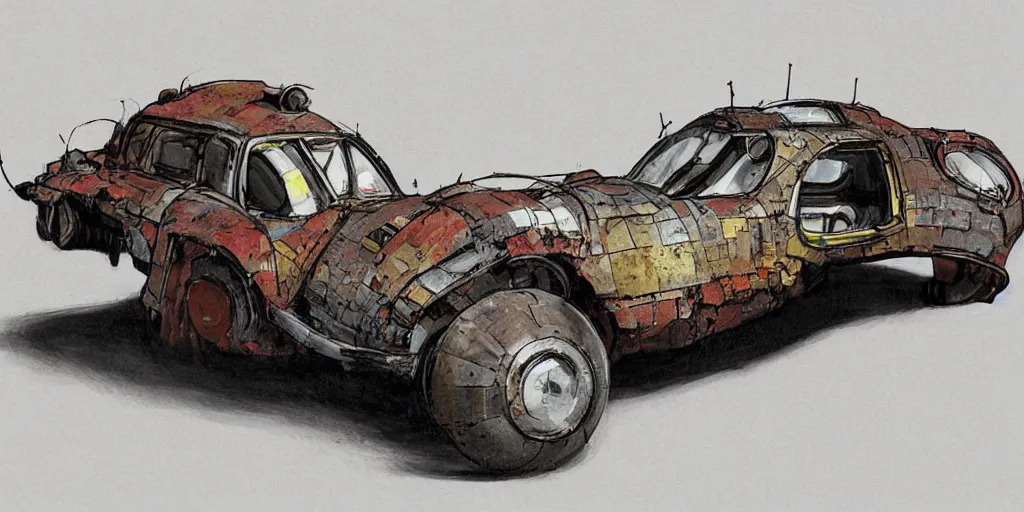 Prompt: photorealism, comic, hovercar, concept car, compact car, designed by ian mcque, designed by jake parker, affordable, made from scrap, rusty metal, wires, cables, robot car model, leaking oil, studio lighting