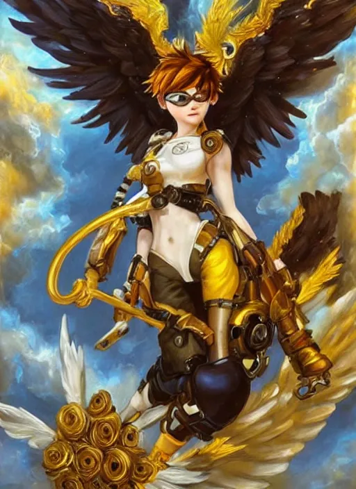 Image similar to full body oil painting of tracer overwatch in the style of sophie anderson, angel wings, angelic golden armor, dramatic painting, symmetrical composition, ornate, golden chains, high detail, gold detailed collar!!!!!, blooming, angelic, lights, flowers, heavenly, bright, detailed face,