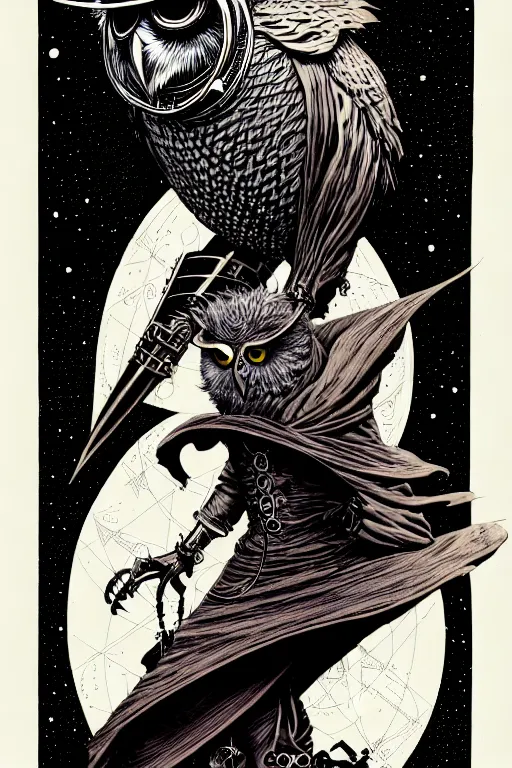 Image similar to side view of majestic steampunk anthropomorphic owl man alchemist cloaked wizard, high details, bold line art, by vincent di fate and joe fenton, inking, etching, screen print, masterpiece, trending on artstation, sharp, high contrast, hyper - detailed,, hd, 4 k, 8 k