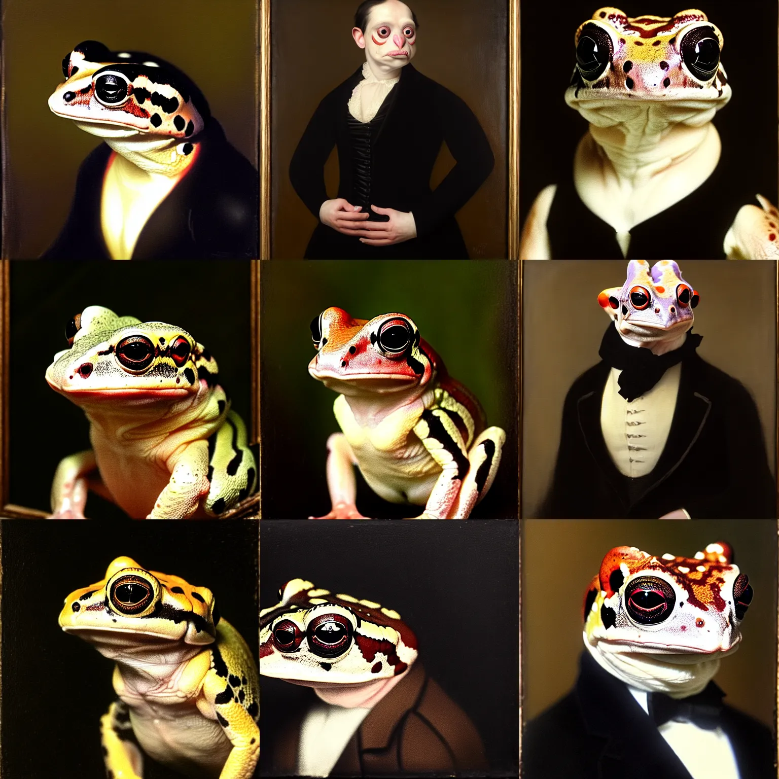 Prompt: a head - and - shoulders portrait of an amazon milk frog looking off camera wearing a black frock coat, an american romanticism painting, a portrait painting, cgsociety, soft focus, oil on canvas