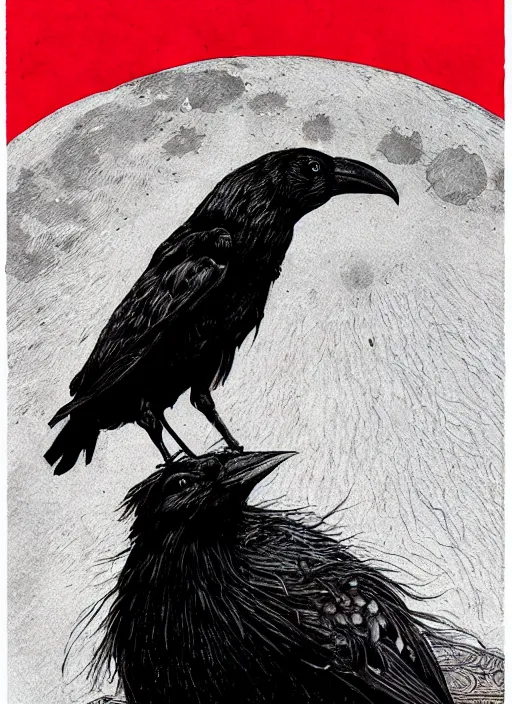 Image similar to portrait, A crow in front of the full big moon, book cover, red white and black colors, establishing shot, extremly high detail, foto realistic, cinematic lighting, pen and ink, intricate line drawings, by Yoshitaka Amano, Ruan Jia, Kentaro Miura, Artgerm, post processed, concept art, artstation, matte painting, style by eddie mendoza, raphael lacoste, alex ross