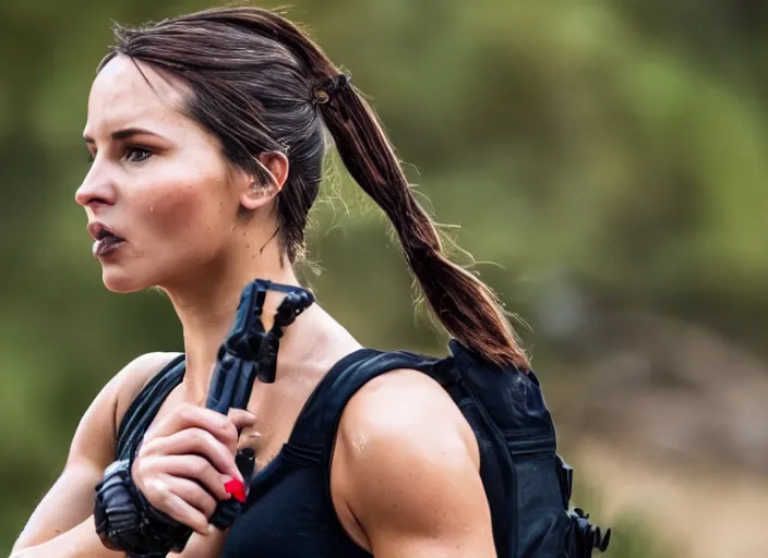 Prompt: wide dslr photo still of lara croft, her face flushing and sweat, 8 k, 8 5 mm f 1. 4