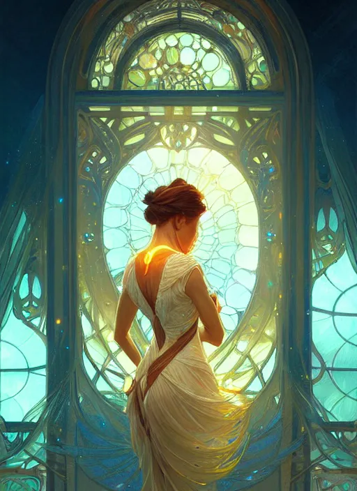 Image similar to water, glowing lights!! intricate elegant, highly detailed, digital painting, artstation, concept art, smooth, sharp focus, illustration, art by artgerm and greg rutkowski and alphonse mucha