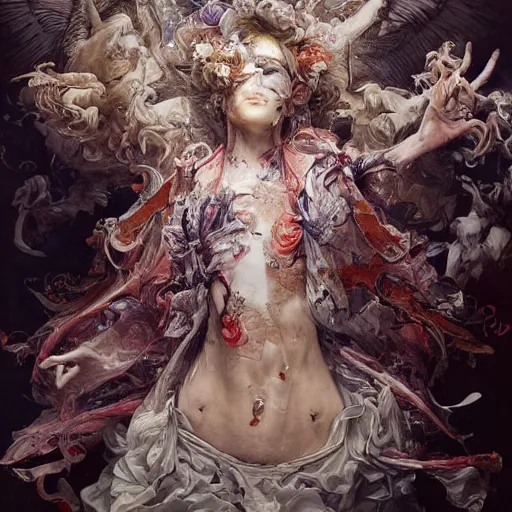 Prompt: regeneration can only be attained by two souls working in unison and harmony baroque, rococo, dramatic, elaborate, emotive, and transcendental , painted by Ayami Kojima and WLOP