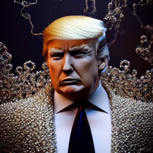 Prompt: donald trump full body detailed, ethereal, biomechanical, covered in diamonds and other gems glowing, highly detailed face, elegant posed, intricate, extremy detailed, beeple, cgsociety, 3 d unreal engine octane render. cinematic lighting, highly detailed 4 k art