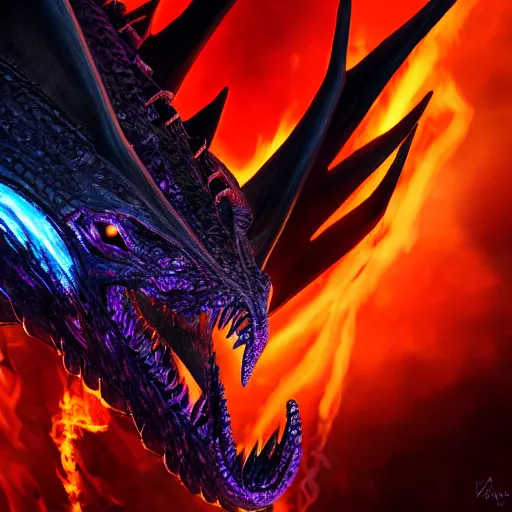 Image similar to Portrait of the black dragon Alduin breathing a rainbow-colored fire. 4k. Concept art. High detail. Unreal engine.