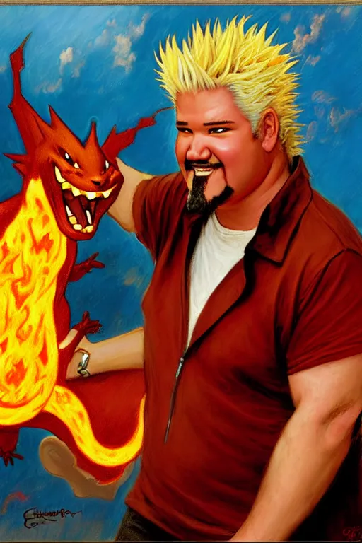 Image similar to guy fieri with a charizard painting by gaston bussiere, craig mullins