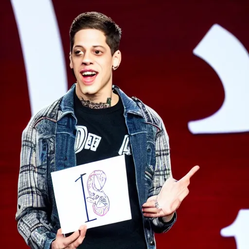 Image similar to pete davidson holding up a card that says 1 1 1 1 1 1 1 1 1