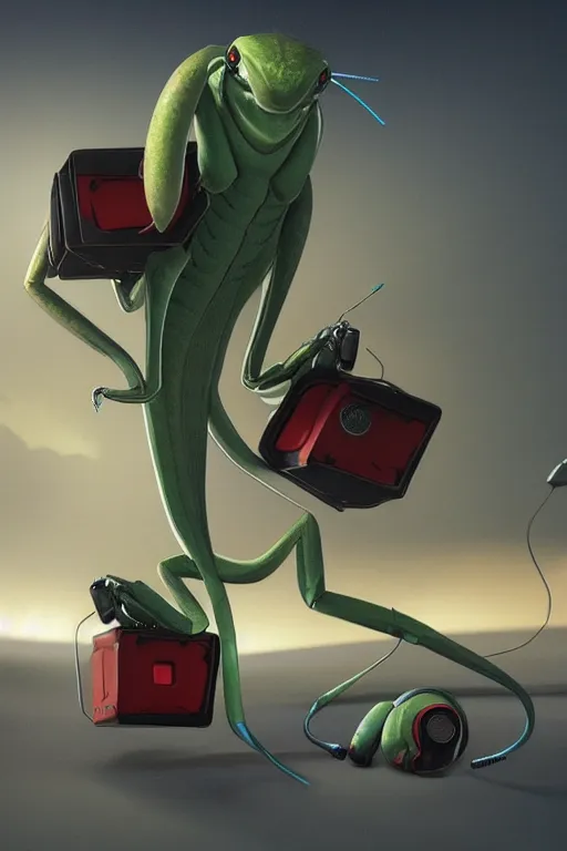 Image similar to a praying mantis kaiju DJ wearing headphones and carrying two big subwoofer speaker boxes, featured on artstation, cgsociety