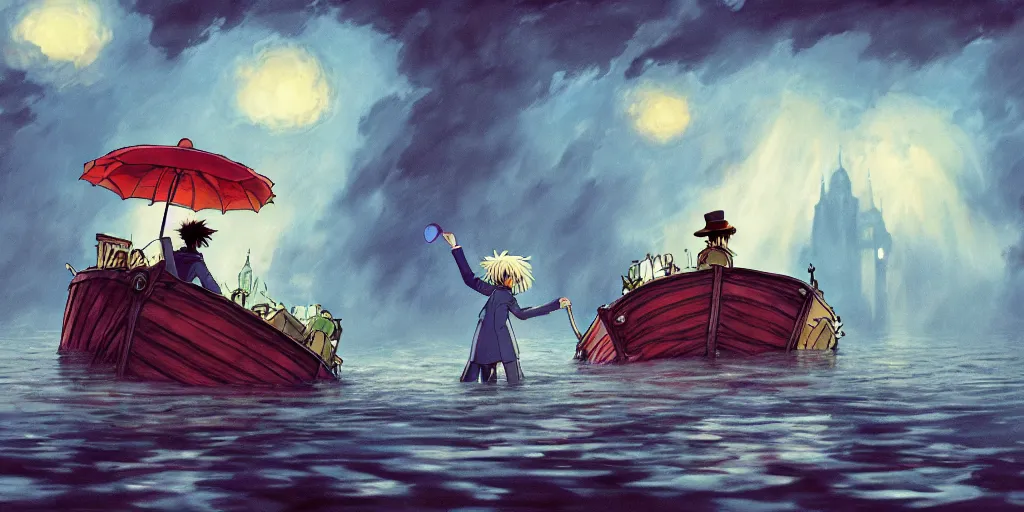 Image similar to a realistic and atmospheric cell - shaded concept art from howl's moving castle ( 2 0 0 4 ) of a multi - colored dragon in the air. a man with an umbrella is standing in a boat in a flooded city. it is a misty starry night. very dull muted colors, hd, 4 k, hq