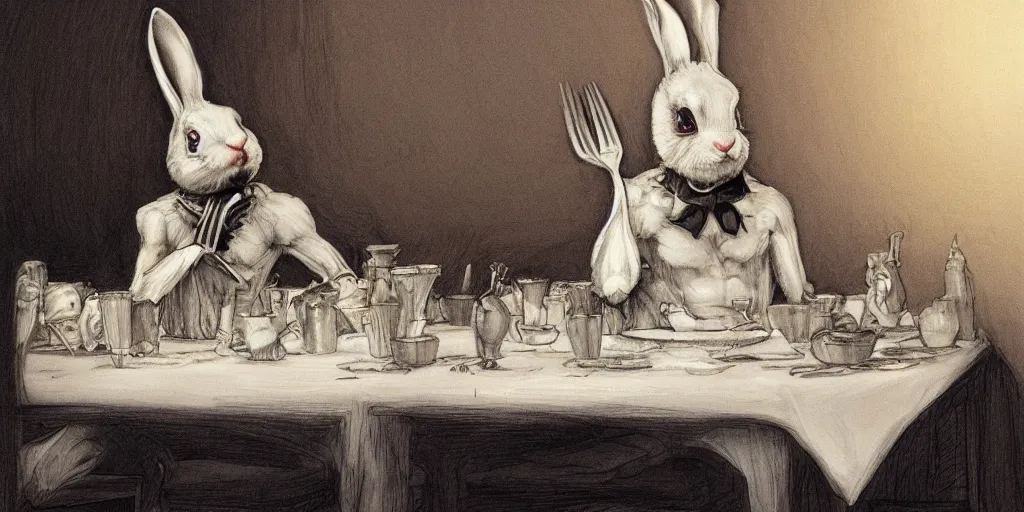 Image similar to An evil detailed white rabbit eating human bodyparts with a knife and fork sitting on a chair at the dinner table, by John Howe, Artstation, Dark, human body on a spit in the background, scary, spooky