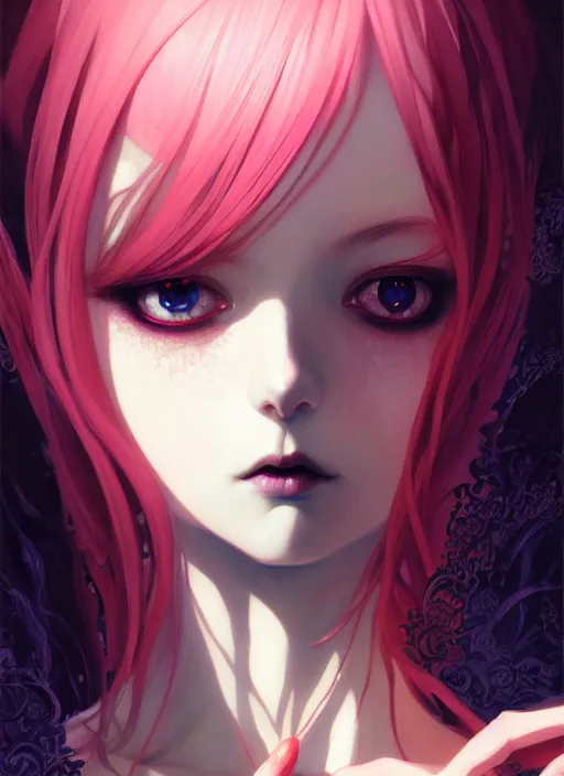 Image similar to portrait of beautiful gothic girl, cute face, intricate, highly detailed, digital painting, official media, anime key visual, concept art, rich vivid colors, ambient lighting, sharp focus, illustration, art by wlop and ilya kuvshinov and makoto shinkai and range murata and gustav klimt