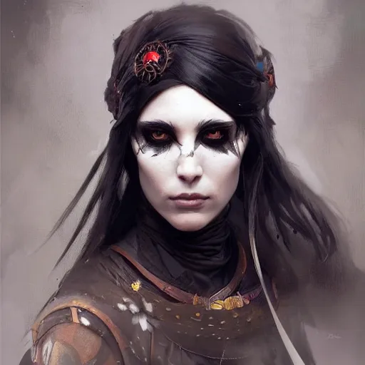 Prompt: hyper realistic portrait painting, beautifully rendered, gorgeous young witch with ceremonial markings and black feathers painted by greg rutkowski, wlop, artgerm, dishonored 2