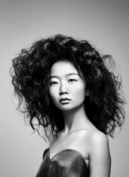 Prompt: a portrait of an asian woman by justin ridler, beautiful, elegant, big curly hair, irakli nadar,
