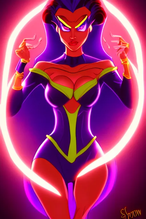 Prompt: a supervillainess with hypnotic powers, glowing energy effects, full color digital illustration in the style of don bluth, artgerm, artstation trending, 5 k