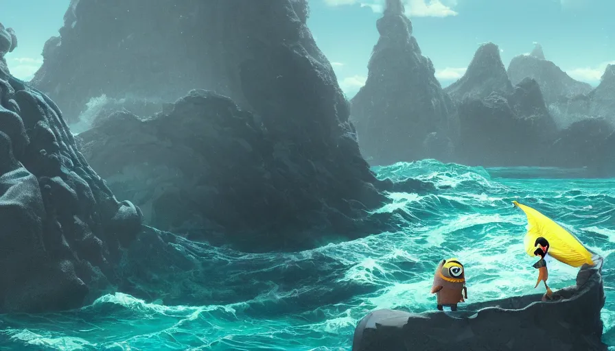 Image similar to A highly detailed matte painting of huge Minion in the ocean, by Studio Ghibli, Makoto Shinkai, by Artgerm, by beeple, volumetric lighting, octane render, 4K resolution, trending on artstation, masterpiece