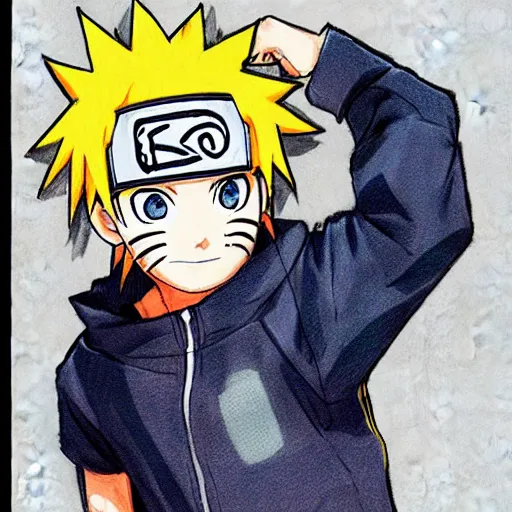 Image similar to a colored sketch of Naruto wearing casual clothes in the art style of Koyoharu Gotouge