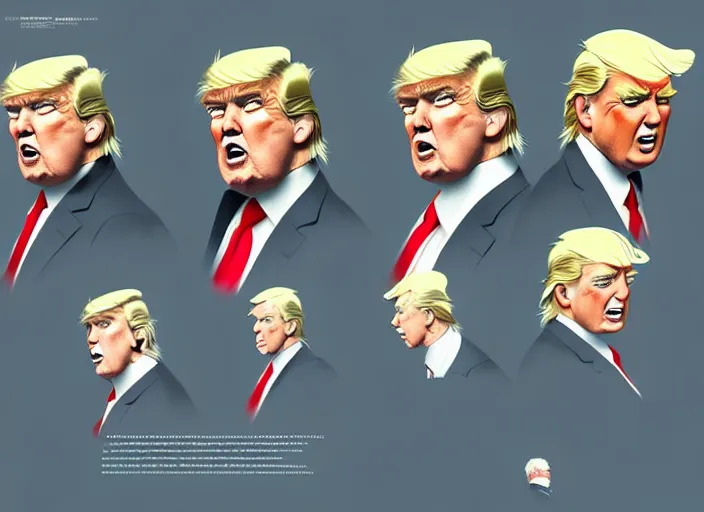 Image similar to character model sheet of donald trump by greg rutkowski, by studio ghibli and ross tran, digital art, trending on artstation, highly detailed, illustration, concept art, elegant, beautiful, masterpiece