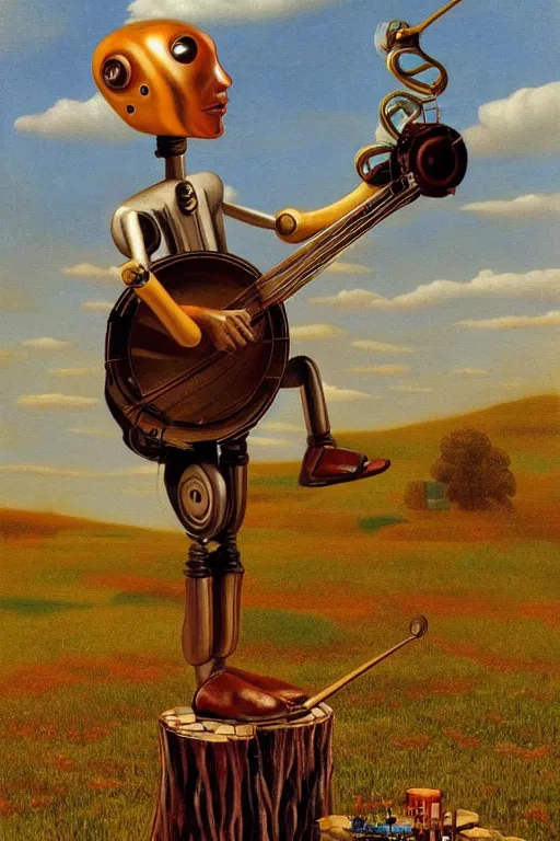 Prompt: country bumpkin robot, playing a deering banjo, sitting on a stump, high detail, style of salvador dali, painting by rene magritte, trending on artstation, cyberpunk, style of michael cheval, hyper realistic, s, 8 k