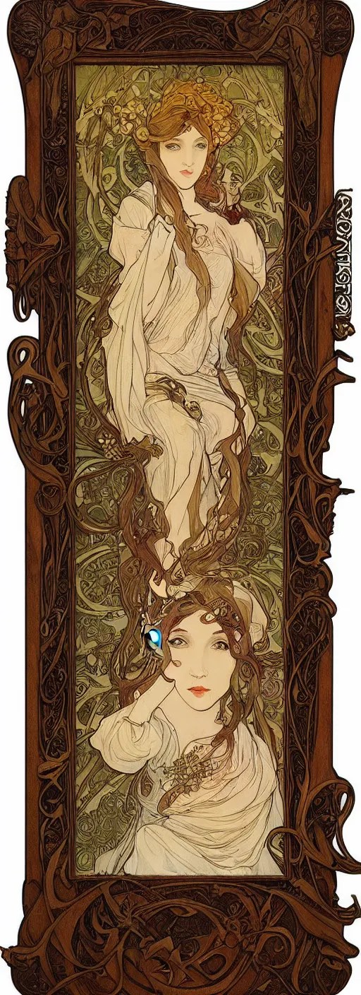 Prompt: an art nouveau wood screen picture frame by brian froud and alphonse mucha distressed wood patine painting concept cinematic lighting Gaudi