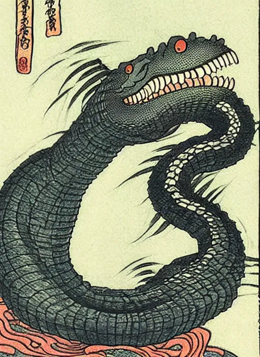 Image similar to the loch ness monster as a yokai illustrated by kawanabe kyosai and toriyama sekien